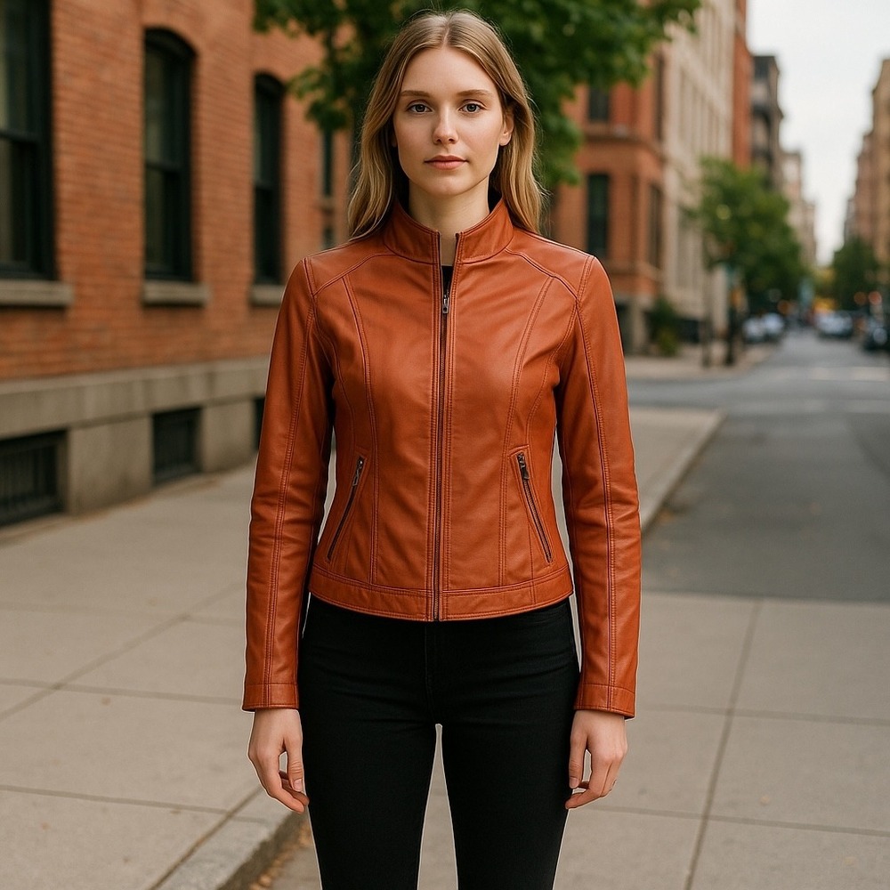 Marrakech Women'sMotorcycle Jacket Full Zip Copper Brown Fitted Size M Biker